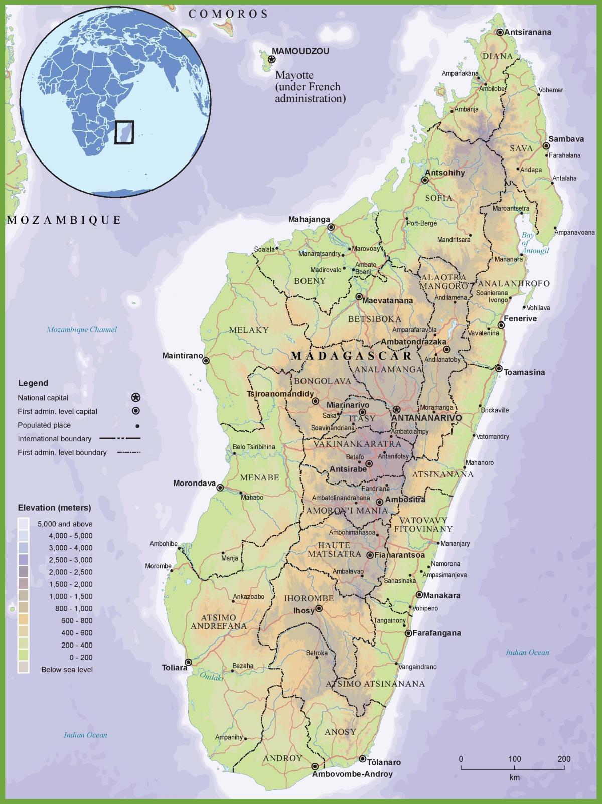 mapa fyzickej mape Madagaskar