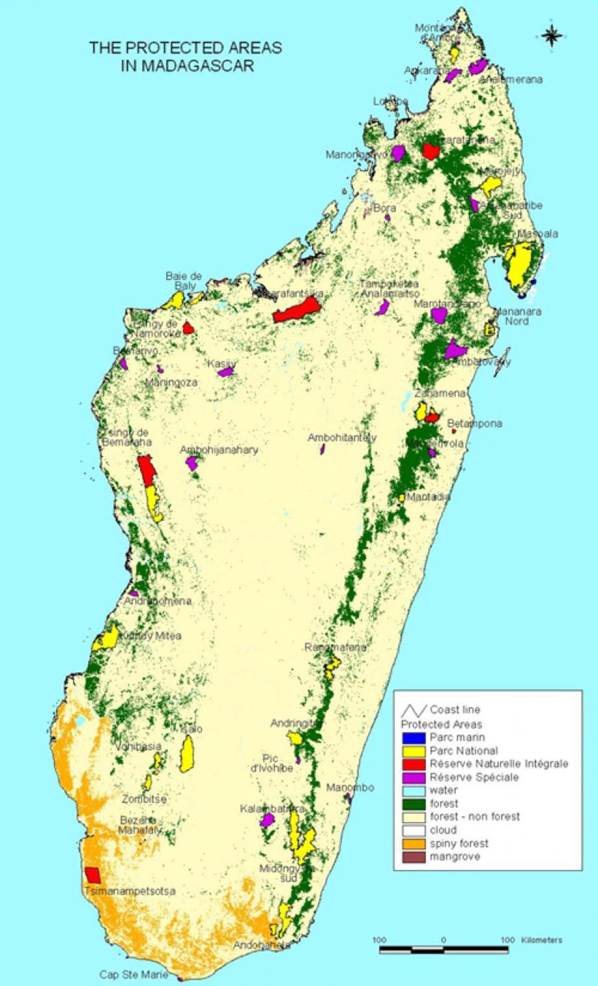 mapa národných parkov na Madagaskare