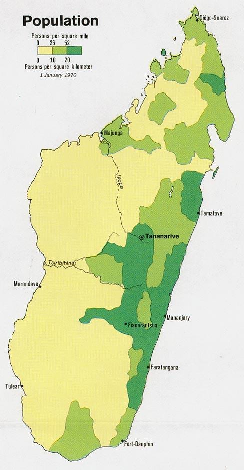 Madagaskar hustota obyvateľstva mapu