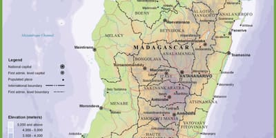 Mapa fyzickej mape Madagaskar